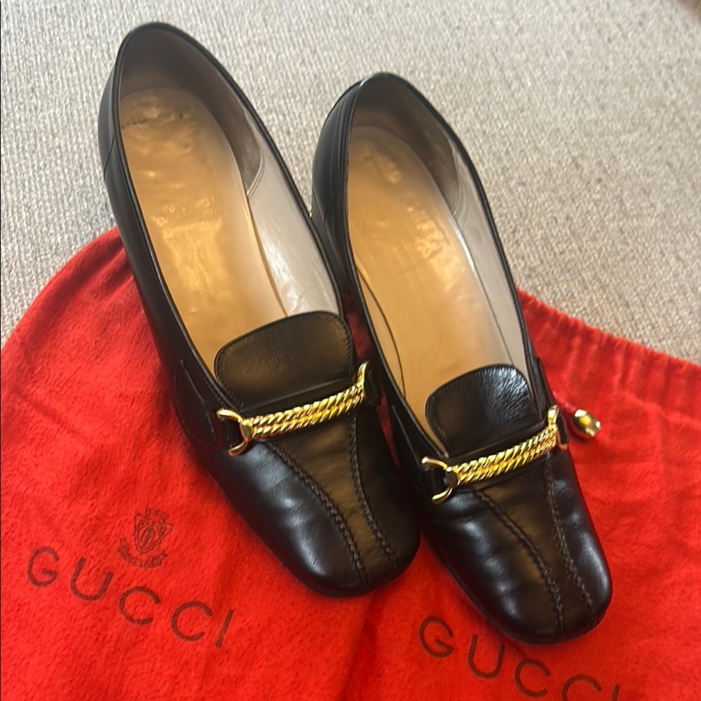 Gucci Black Leather Vintage Heels with Gold Accent